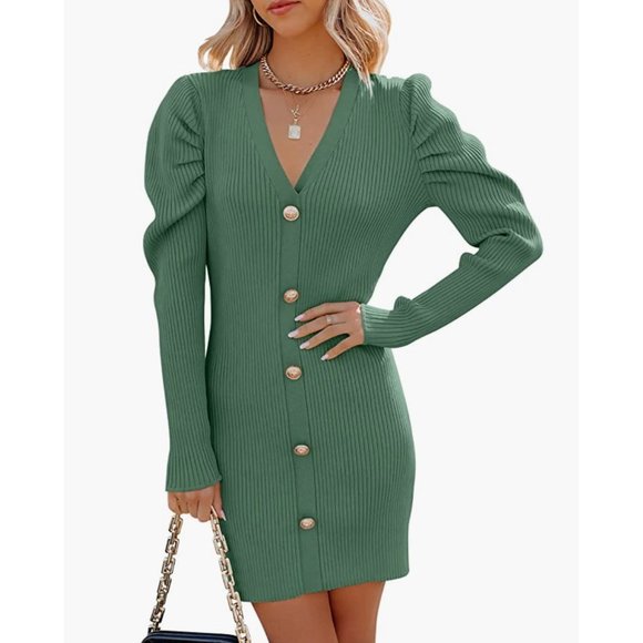 Light Green Ribbed Knit Button V-Neck Long Sleeve Bodycon Mini Sweater Dress - Picture 6 of 7